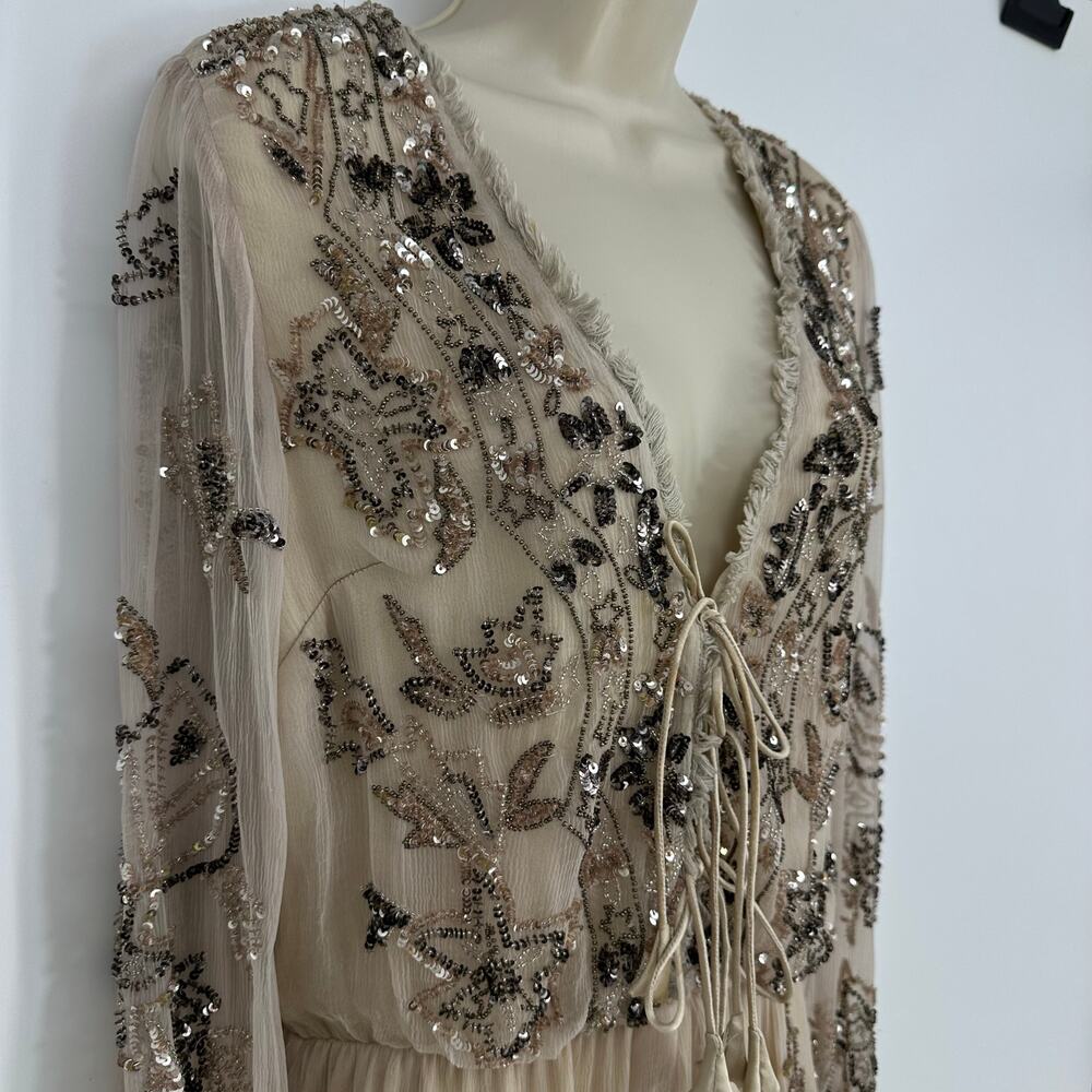 Ranna Gill Womens Beaded Romper Size 6 Coachella Festival Boho Champagne Cream - Picture 6 of 16